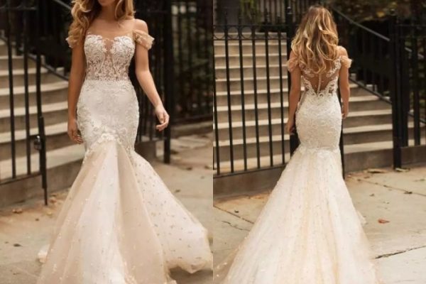 Vintage style champagne wedding dress