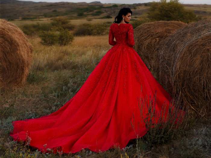 Red black and white wedding dress