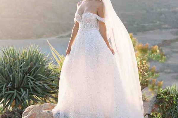 Off the shoulder neckline wedding dress