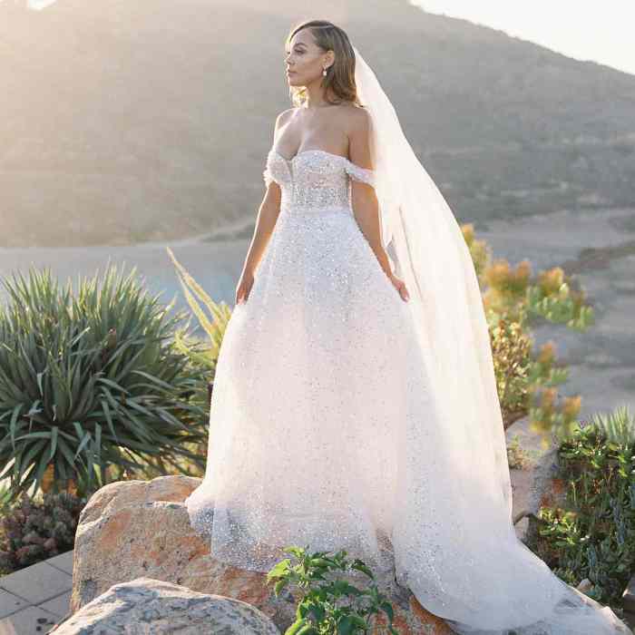 Off the shoulder neckline wedding dress